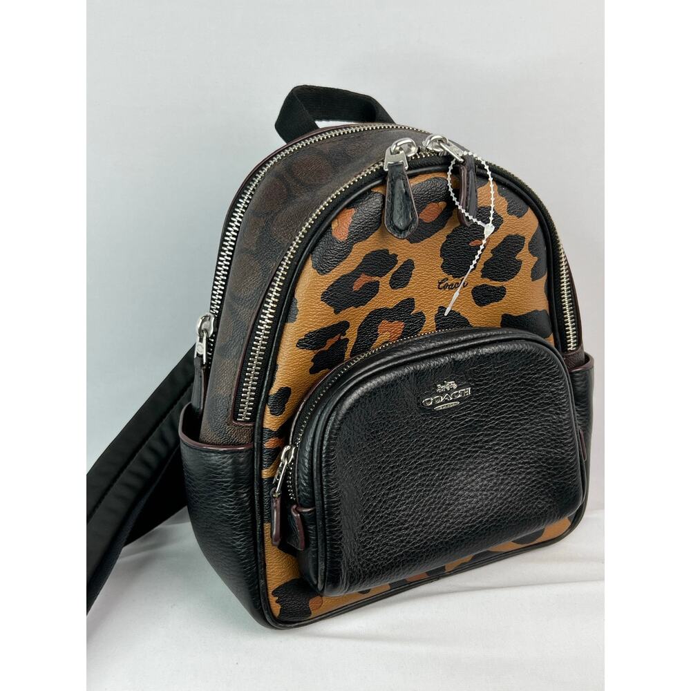 Coach Mini Court Backpack Signature Canvas Leopard Print Black Pebble Leather - Picture 2 of 12
